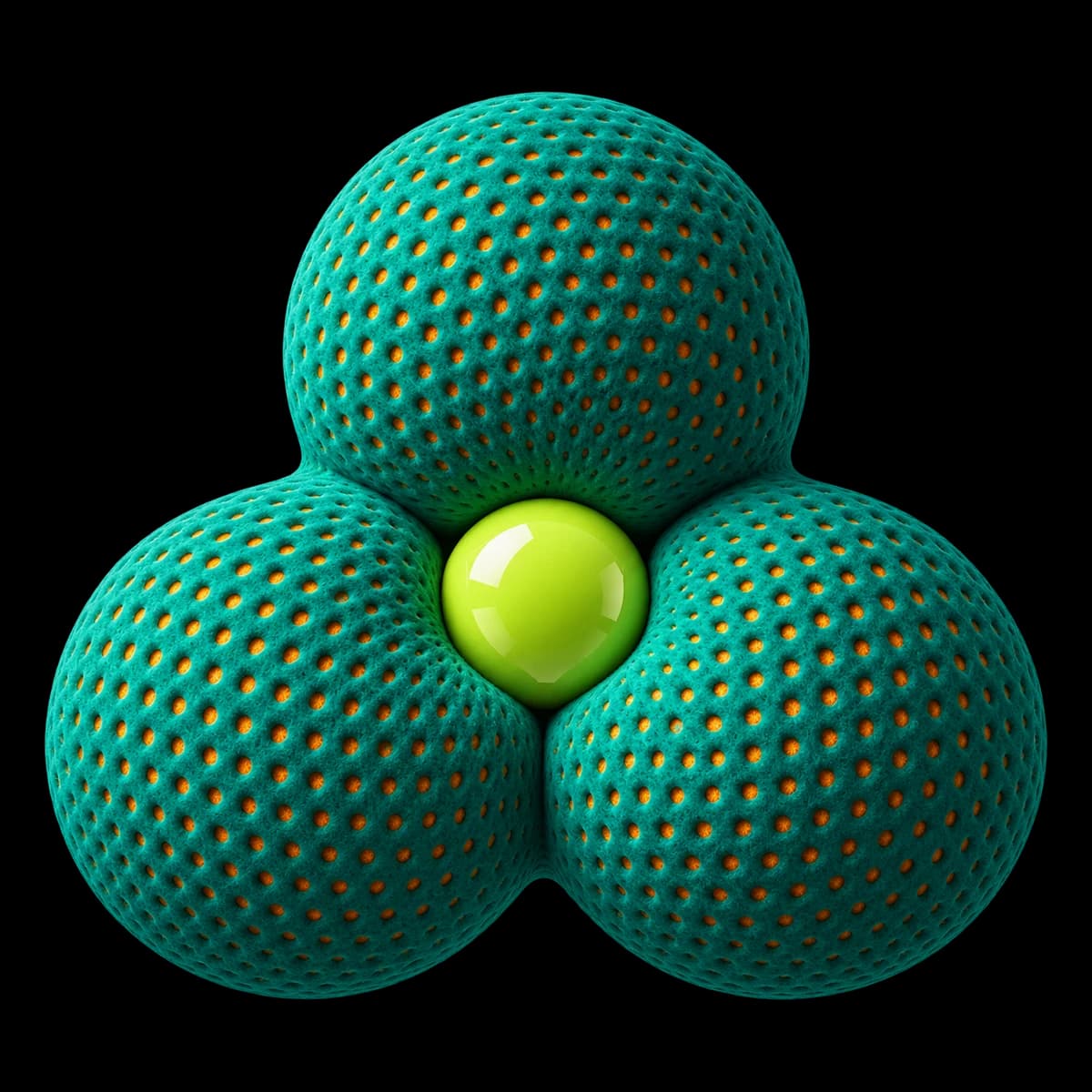 The Blotter object: three lobes of perforated teal mesh holding a glossy lime marble.